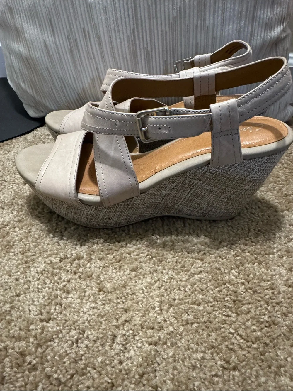 Clarks Taupe Wedge Sandals with Textured Platform